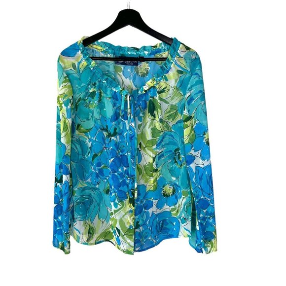 Susan Graver Blue Floral Sheer Long Sleeve Sheer Top XS - Picture 1 of 7